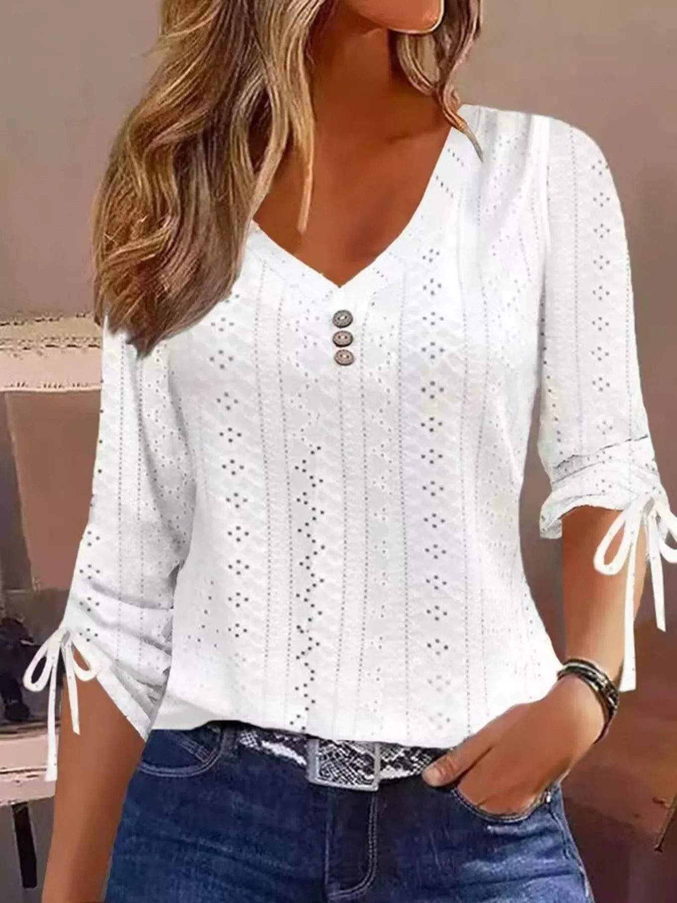 Trendsi Full Size V-Neck Eyelet Drawstring Sleeve Top Plus Size -