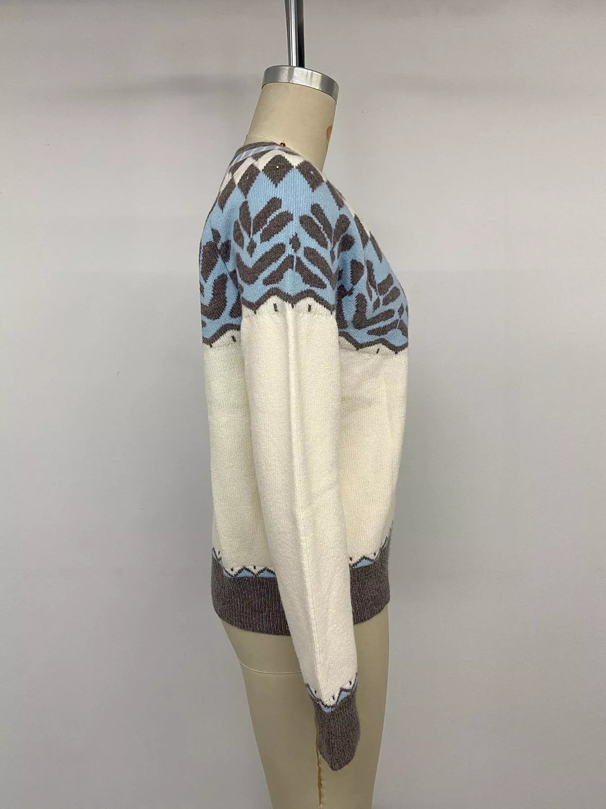 Cream Fair Isle round neck sweater, side on mannequin