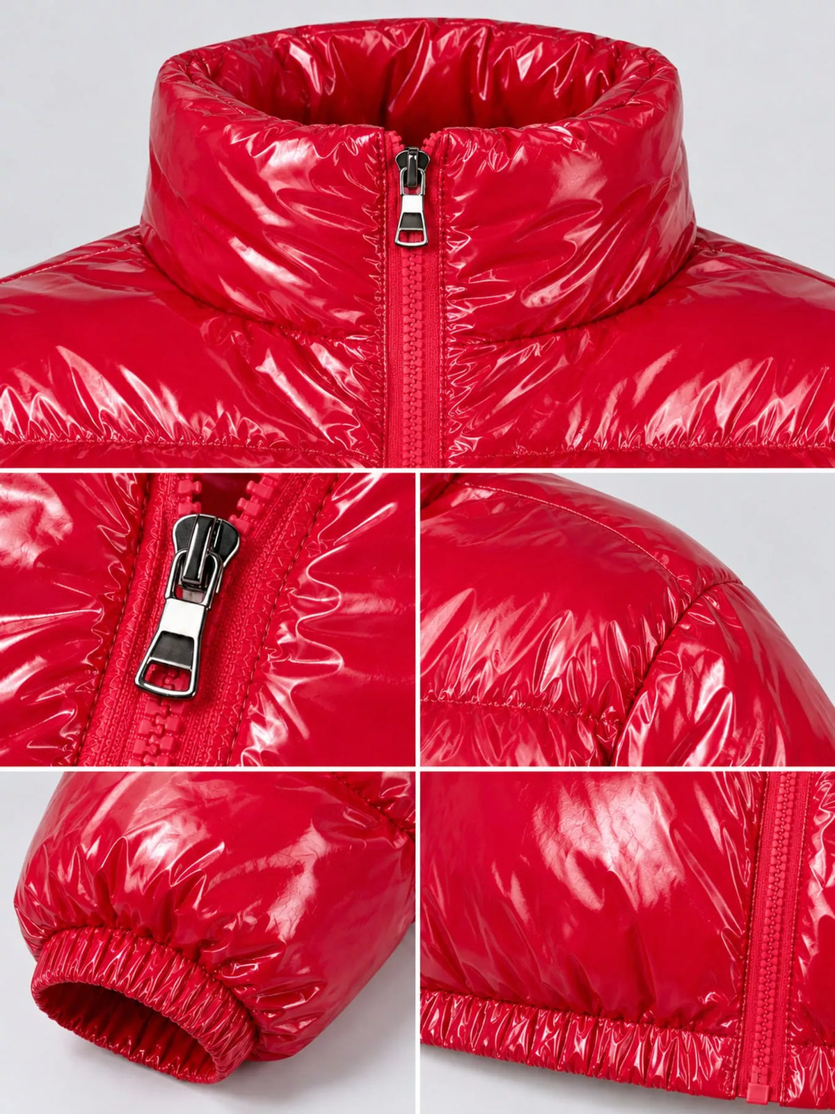 Glossy Stand-Collar Zip-Up Puffer Jacket — garment construction details