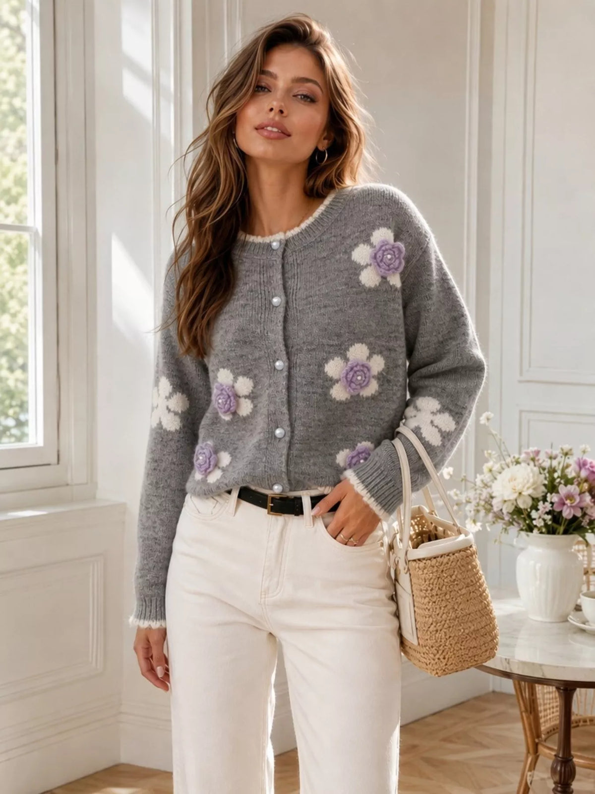 Floral-applique knit cardigan in gray, standing front view