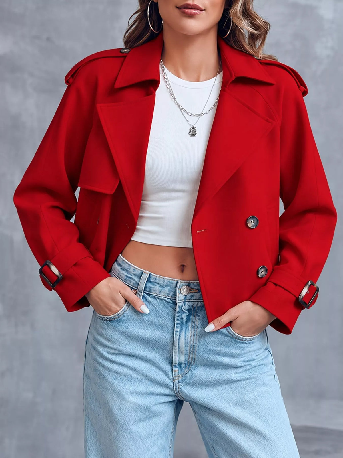 Women's Double-Breasted Cropped Trench Coat in red — front view
