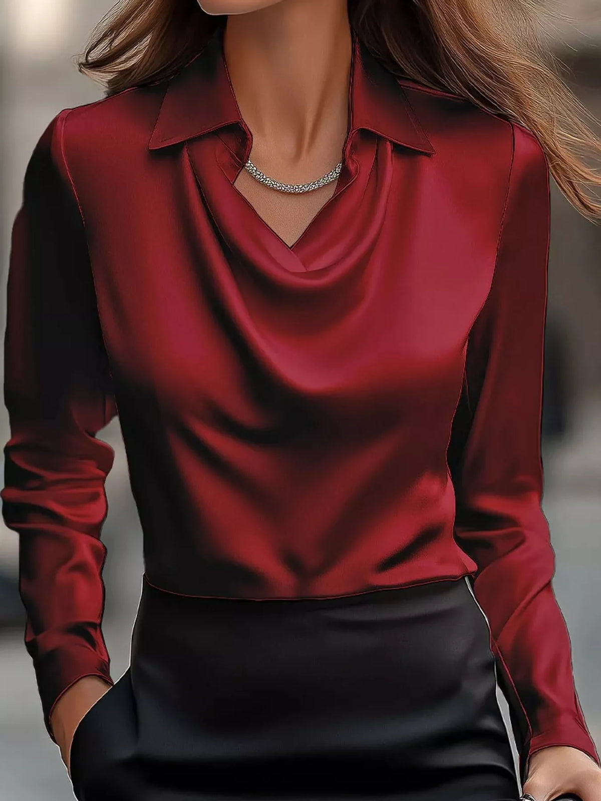 Red satin cowl neck blouse