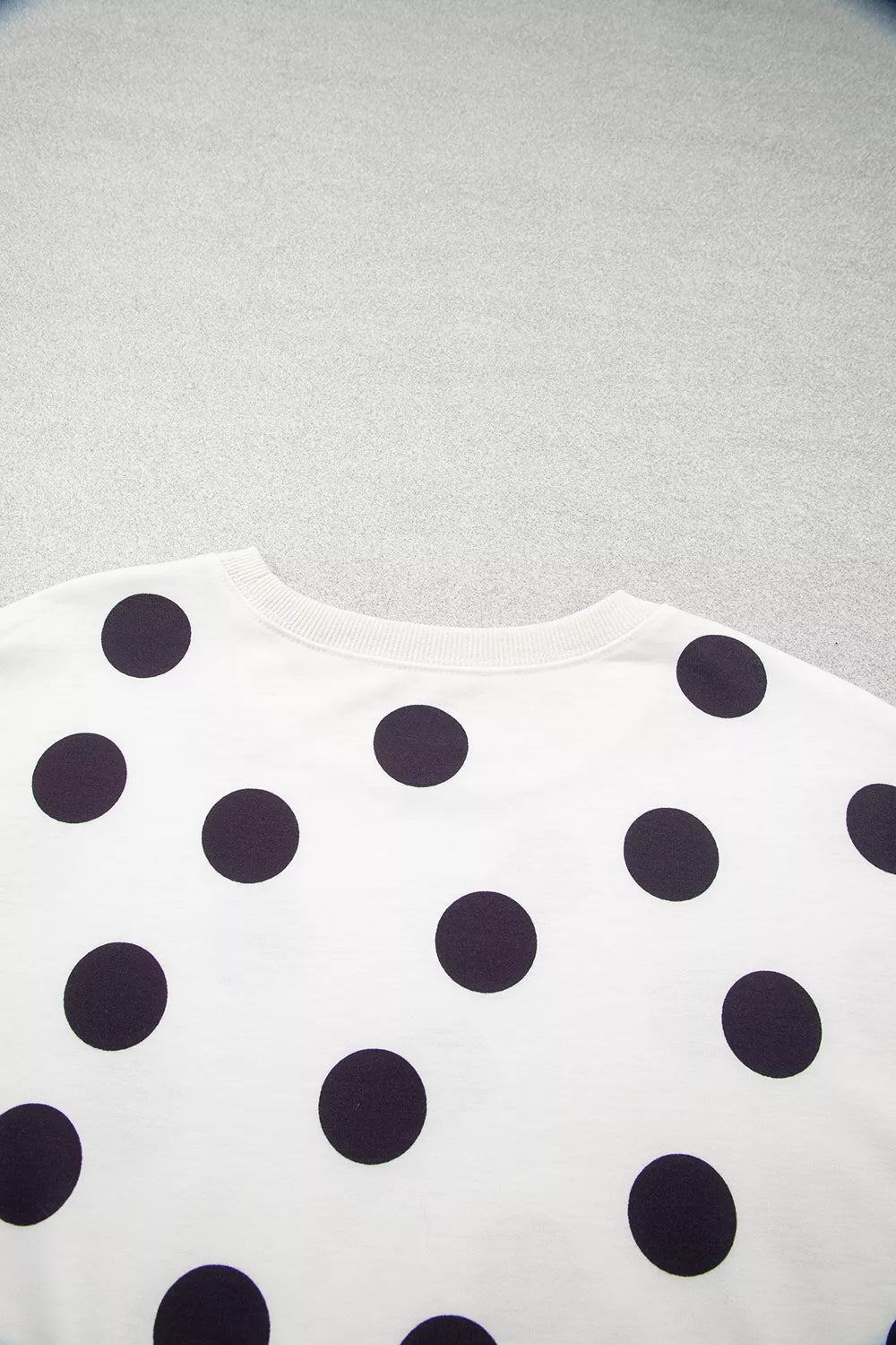 White polka dot round neck sweatshirt, back view