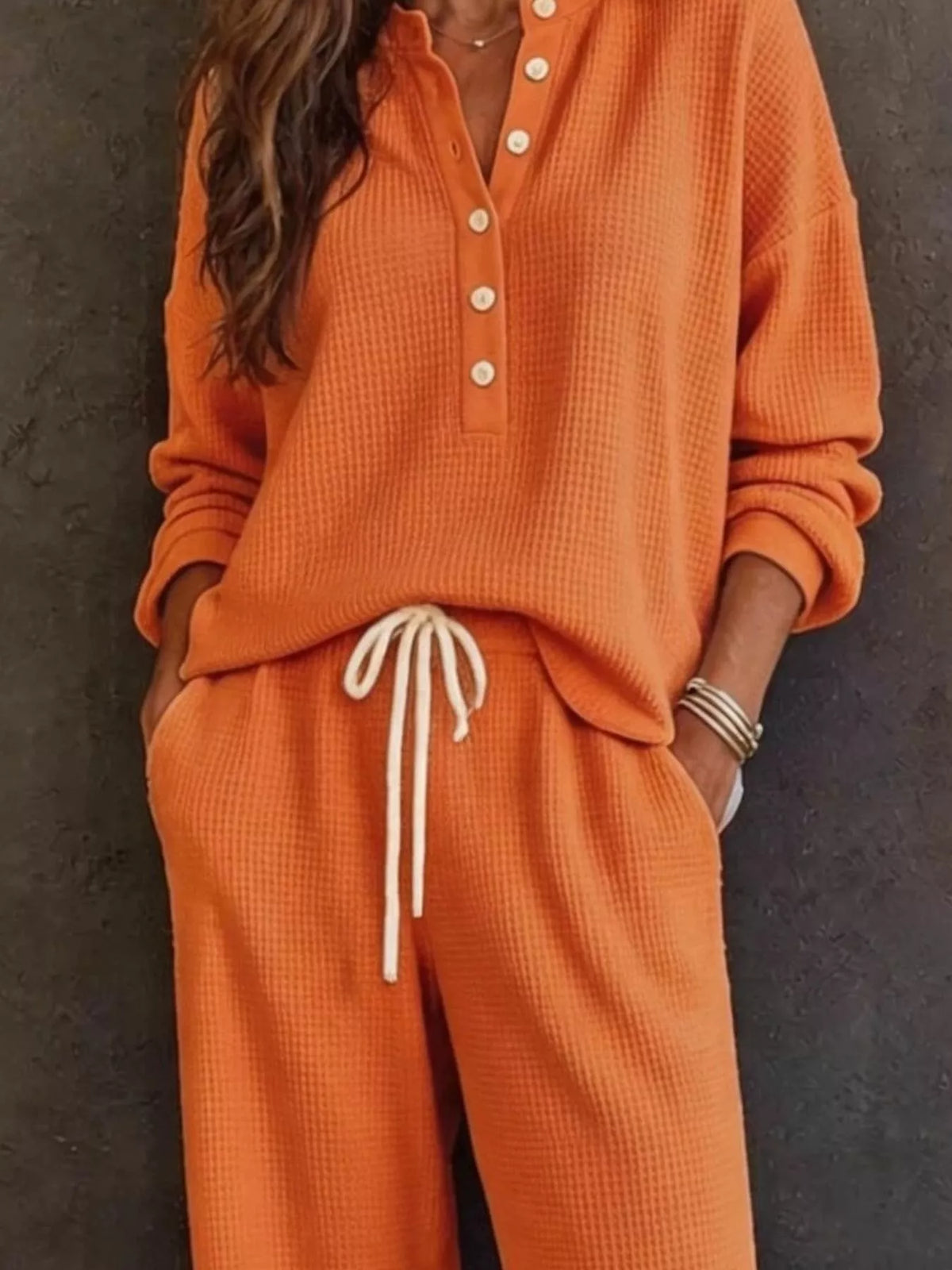 Women's Waffle Knit Button Detail Top and Pants Set in orange — bodice detail view