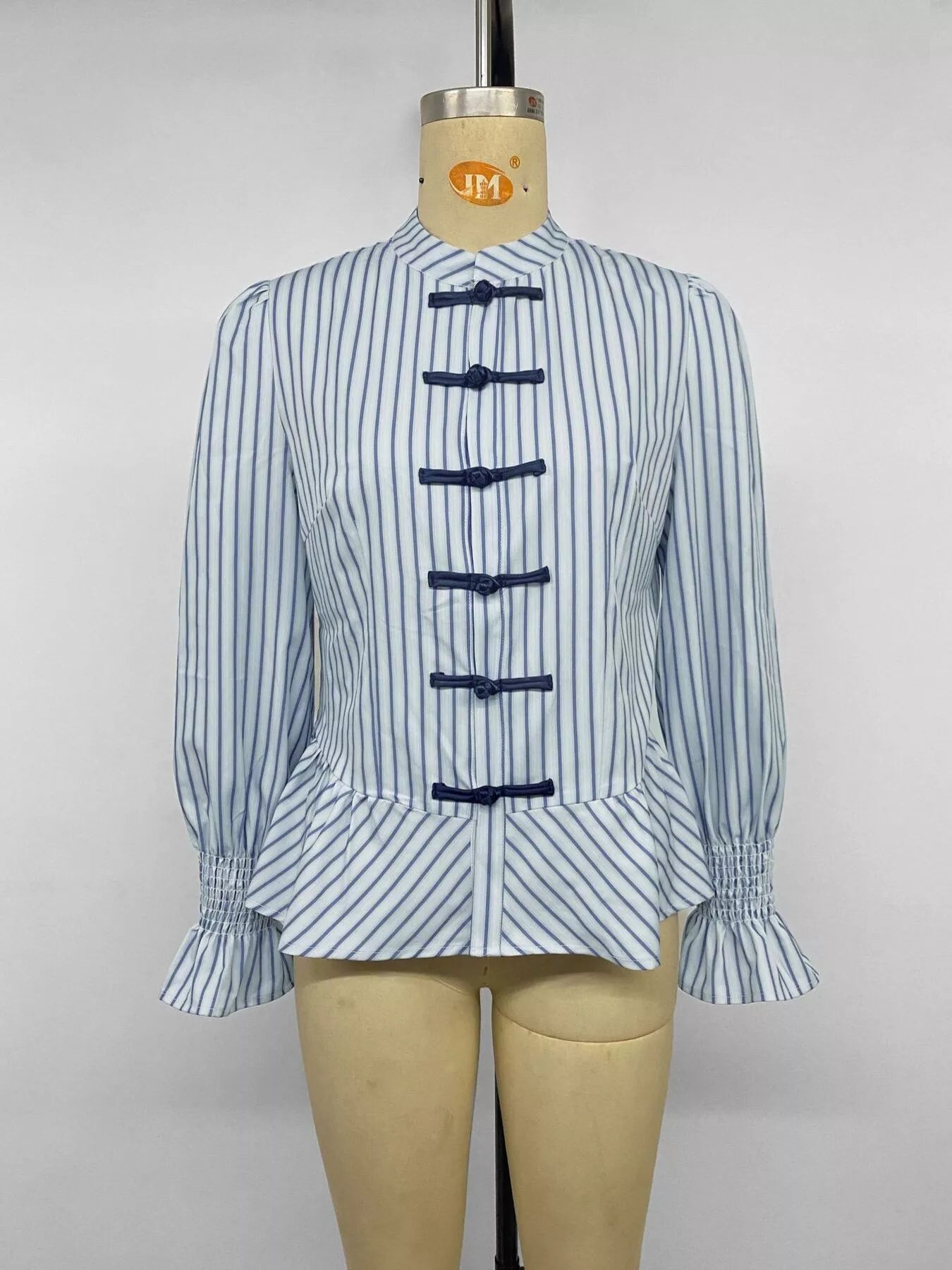 Trendsi Striped Mandarin Knot Buttons Peplum Hem Shirt -