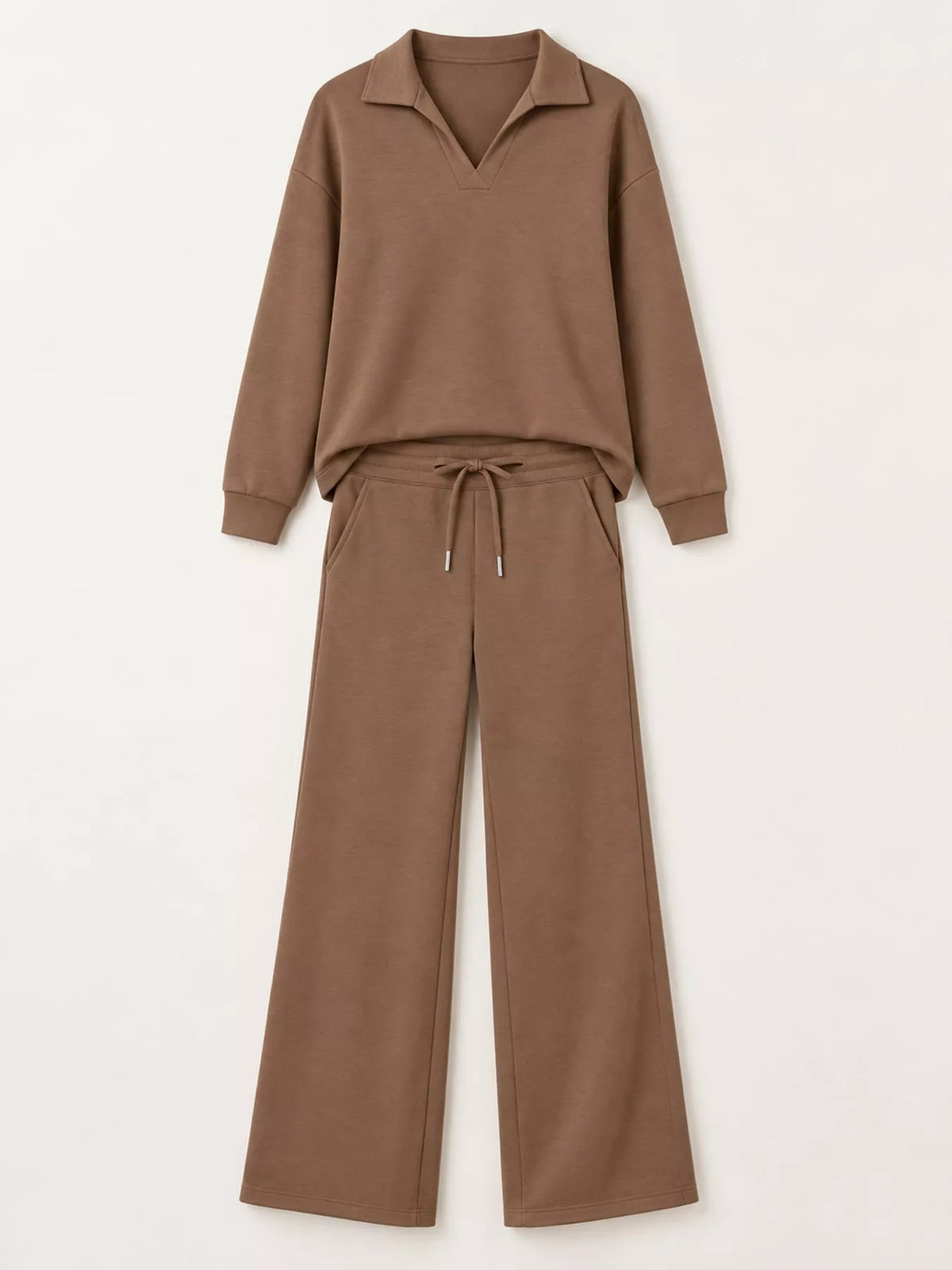 Top and drawstring pants set, brown flat set