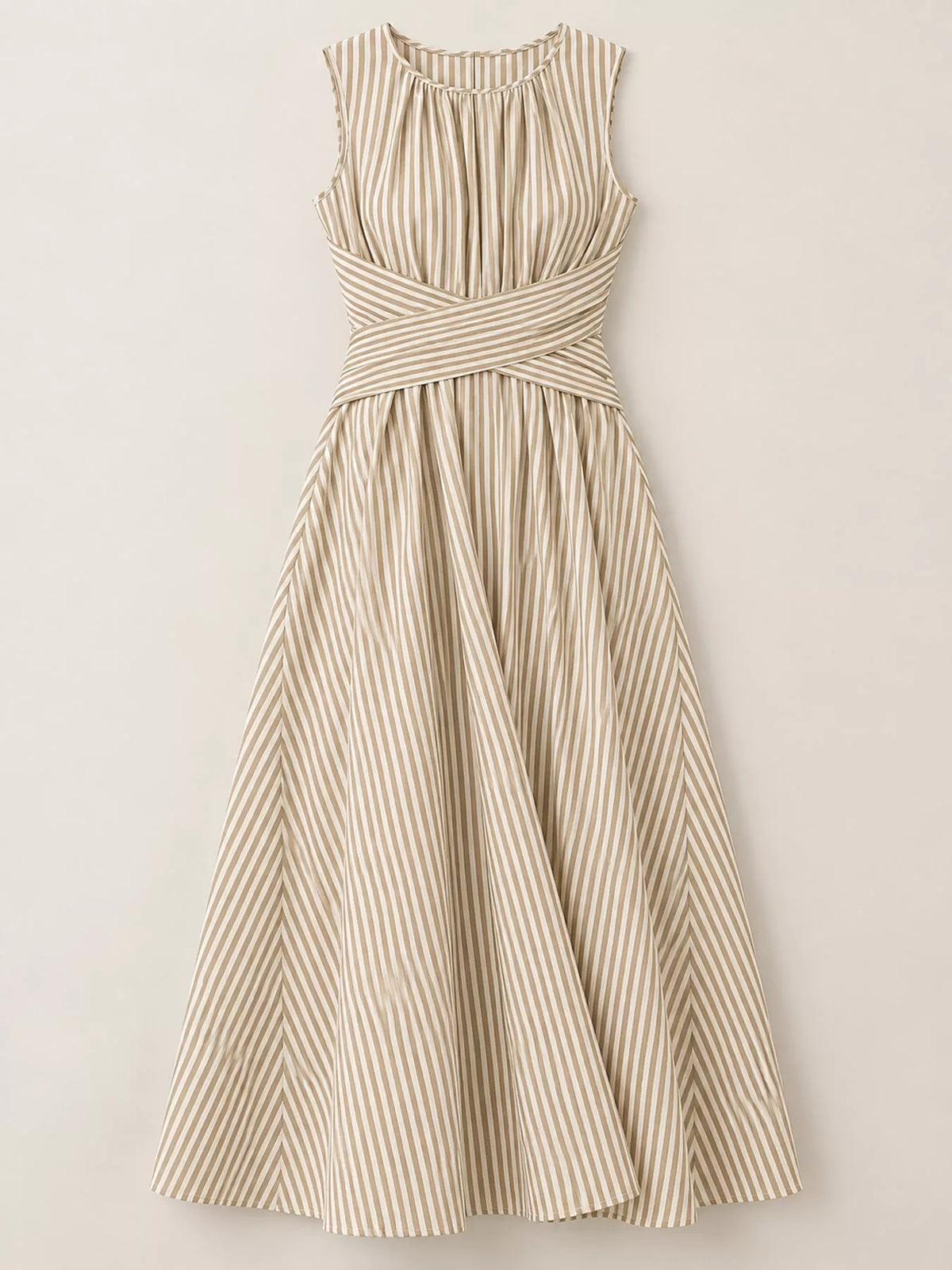 Women's Sleeveless Striped Maxi Dress with Criss-Cross Waist Detail in beige striped — flat lay view