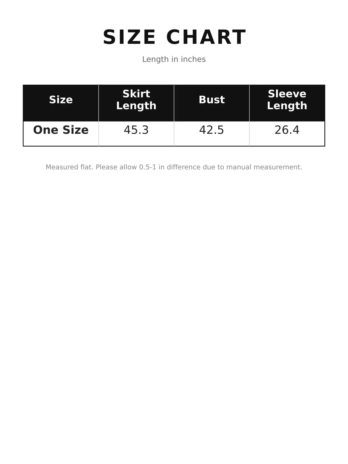 Size chart for half-zip ribbed knit sweater dress