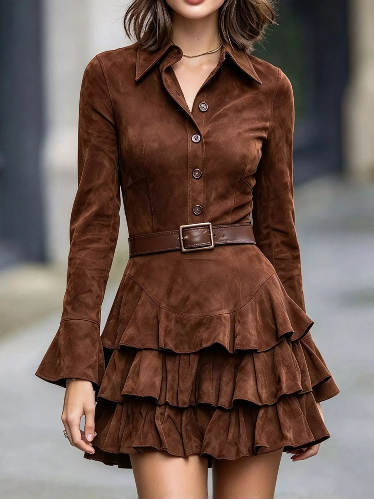 Ruffle Layered Button Front Mini Dress in dark brown