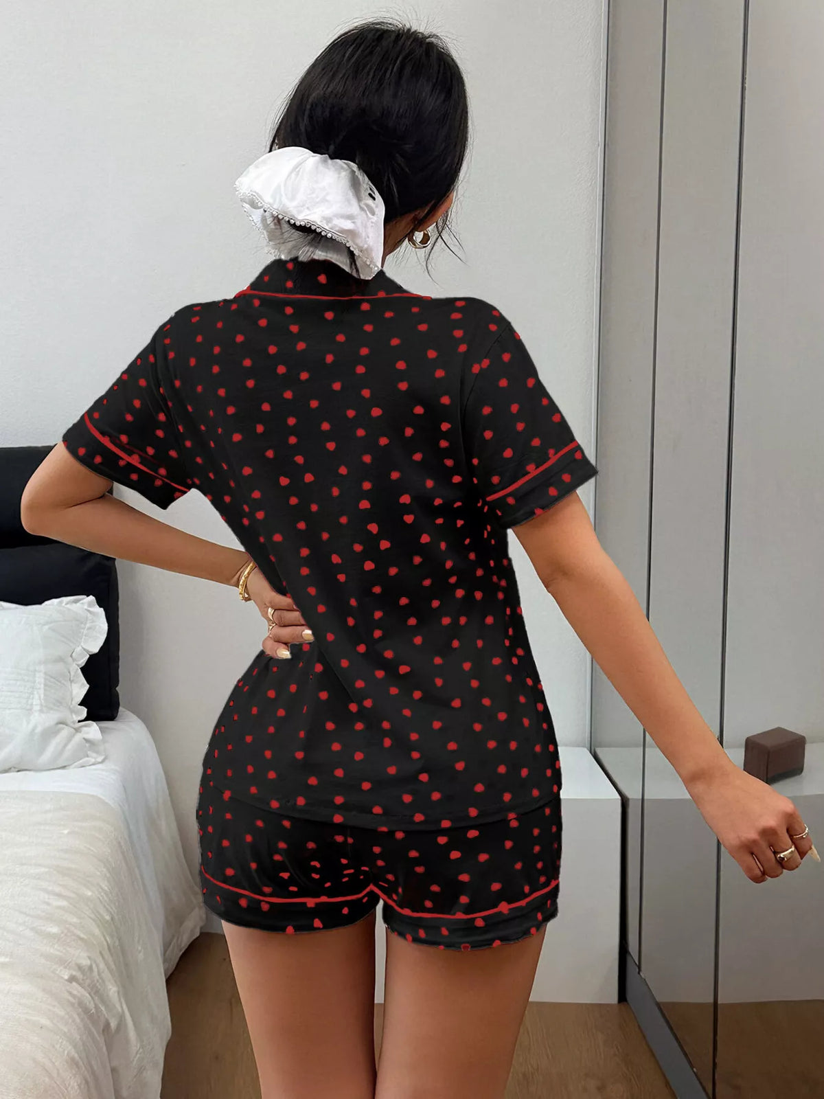 Trendsi Heart Print Button-Down Short Sleeve Top and Shorts Lounge Set -