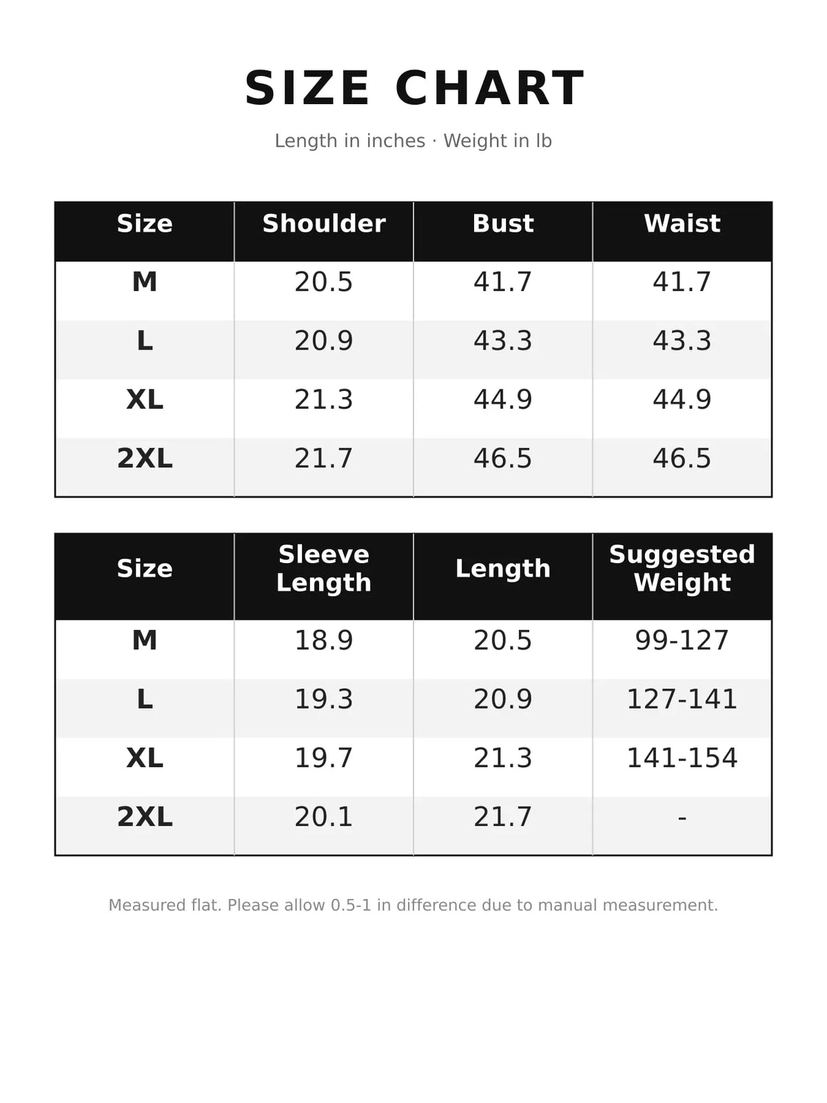 Button-Up Crew Neck Jacket — size and measurement chart
