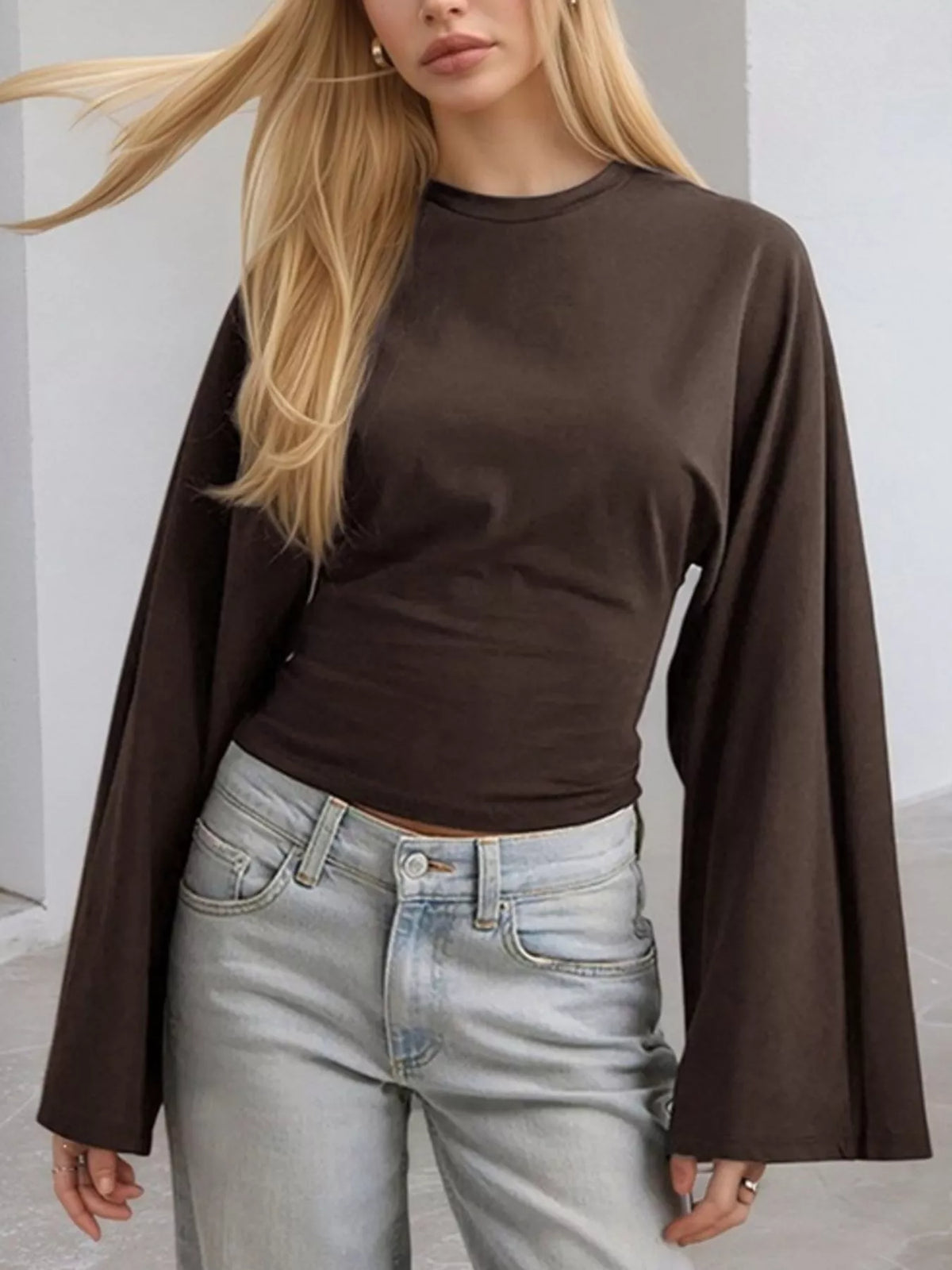 Dark Brown Solid Long Sleeve Crew Neck Stretch T-Shirt full front view