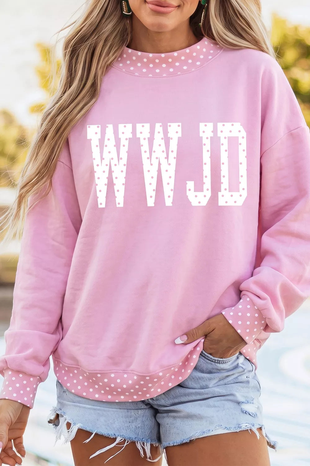 Trendsi Polka Dot Letter Print Mock Neck Pullover Sweatshirt -