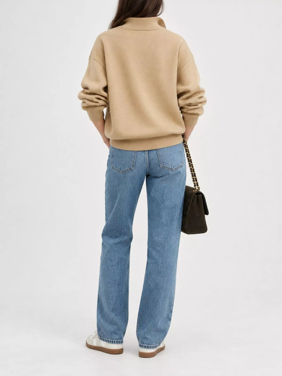 Women's Half-Zip Dropped Shoulder Sweater in beige — back view