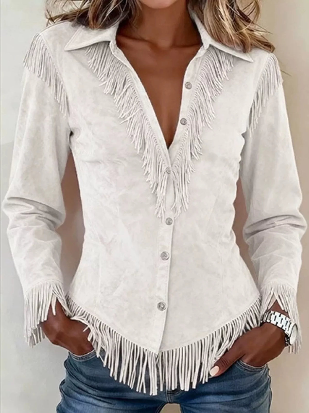 Trendsi Fringed Button Up Long Sleeve Shirt -