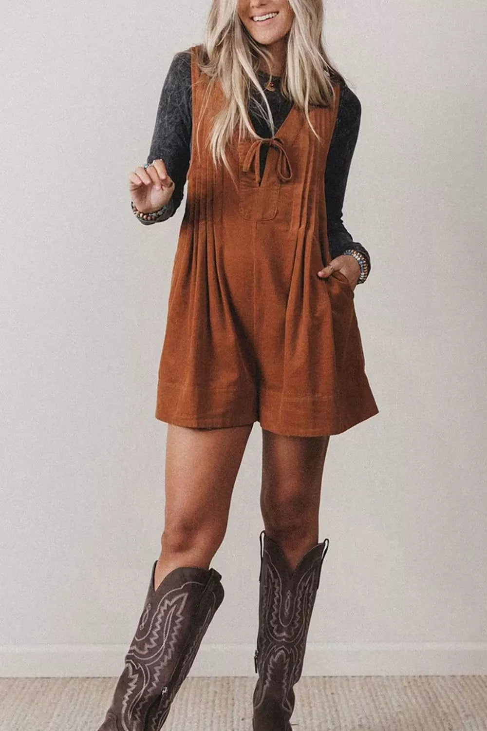 Rust brown corduroy romper, front view