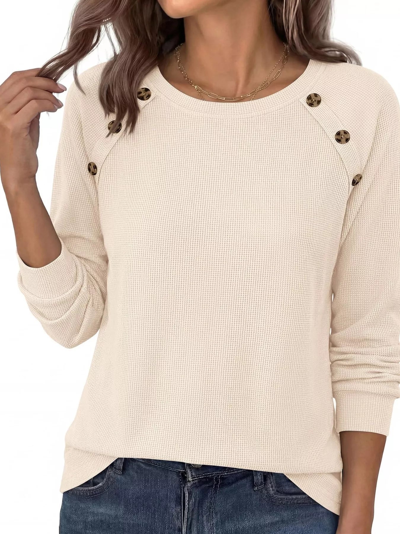 Trendsi Decorative Button Waffle Knit Long Sleeve T-Shirt -