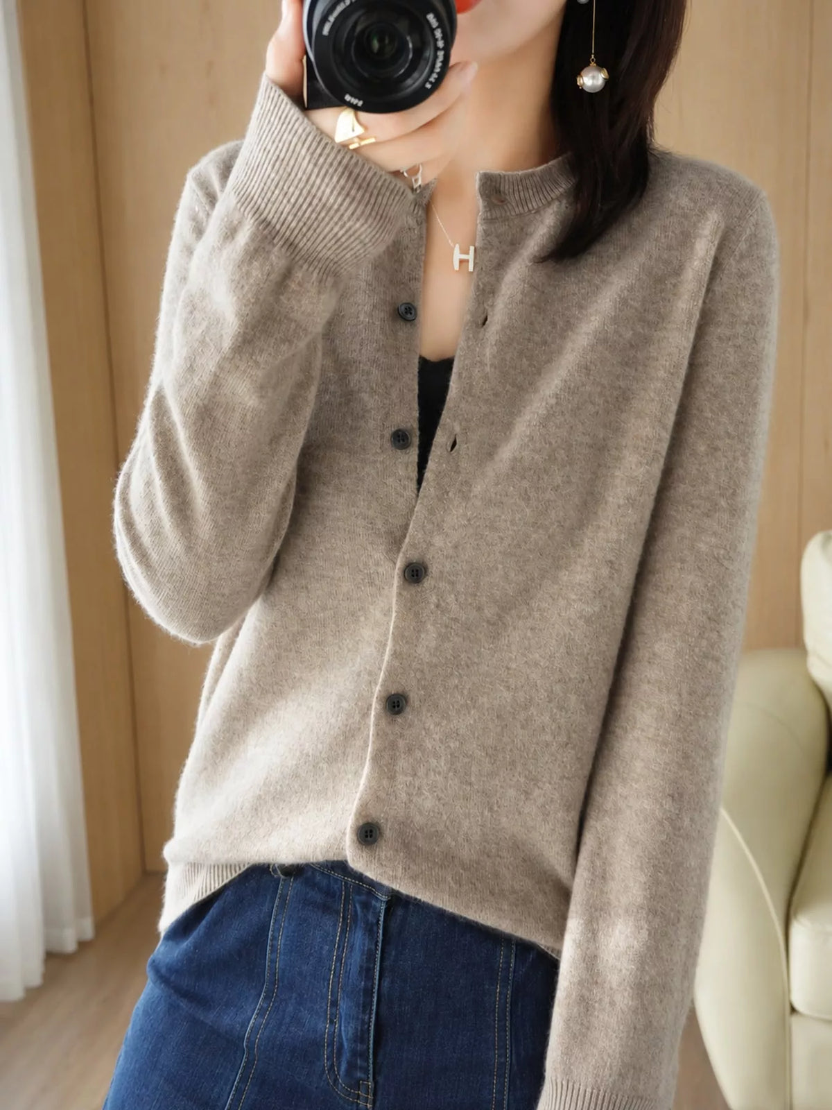 Taupe crew neck button-front cardigan