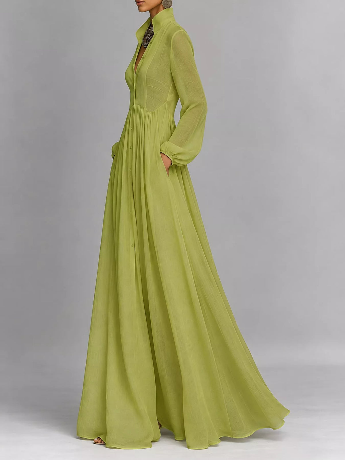 Lime green long sleeve button-front maxi dress