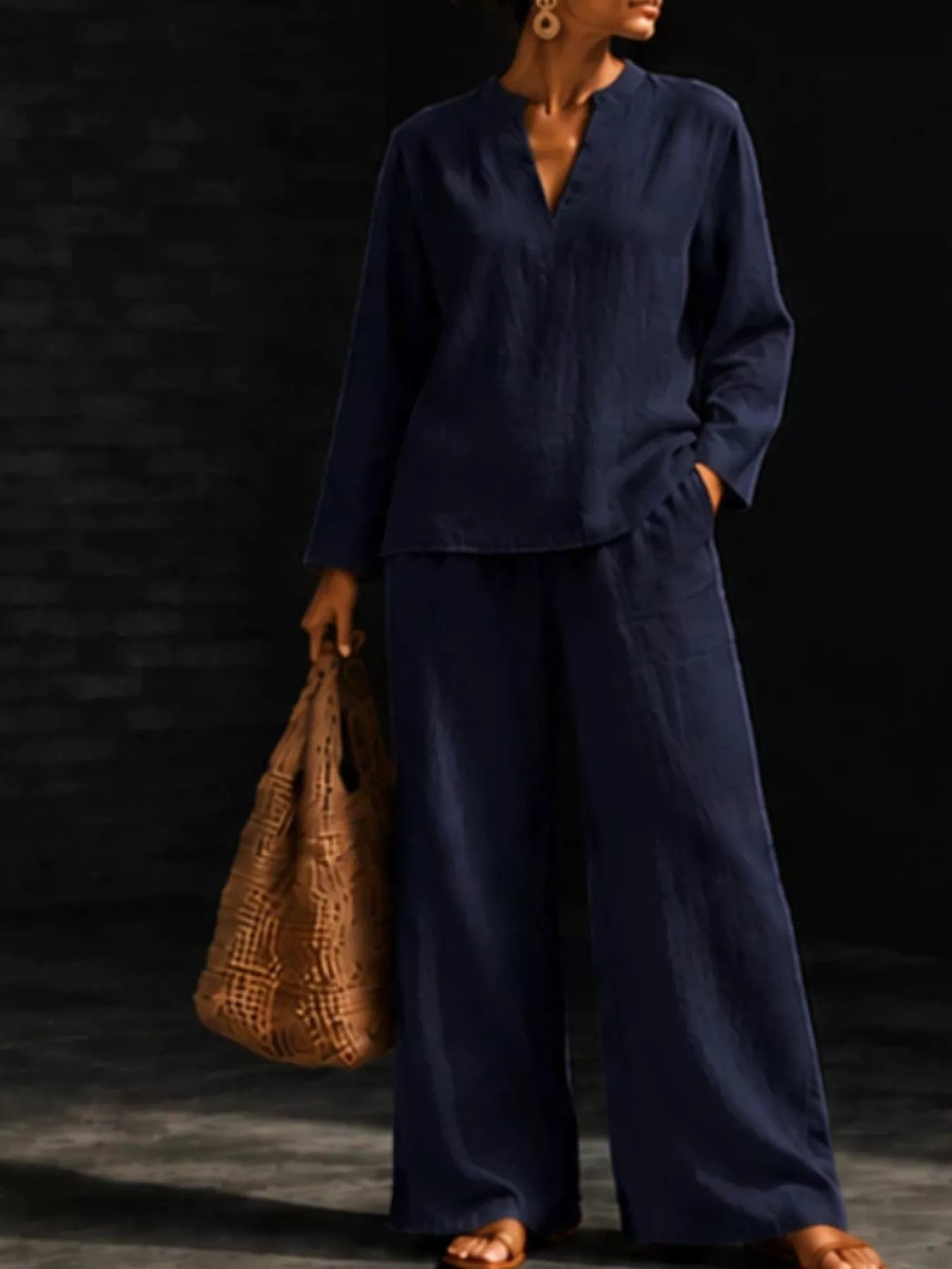 Trendsi Notched Long Sleeve Top and Pants Set -