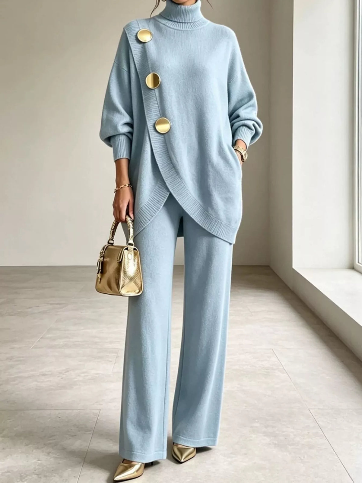 Light Blue turtleneck long sleeve top and pants sweater set