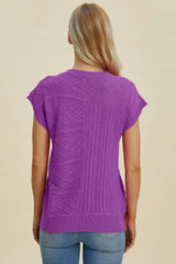 Trendsi Double Take Full Size Cable-Knit Round Neck Cap Sleeve Sweater - Shirts