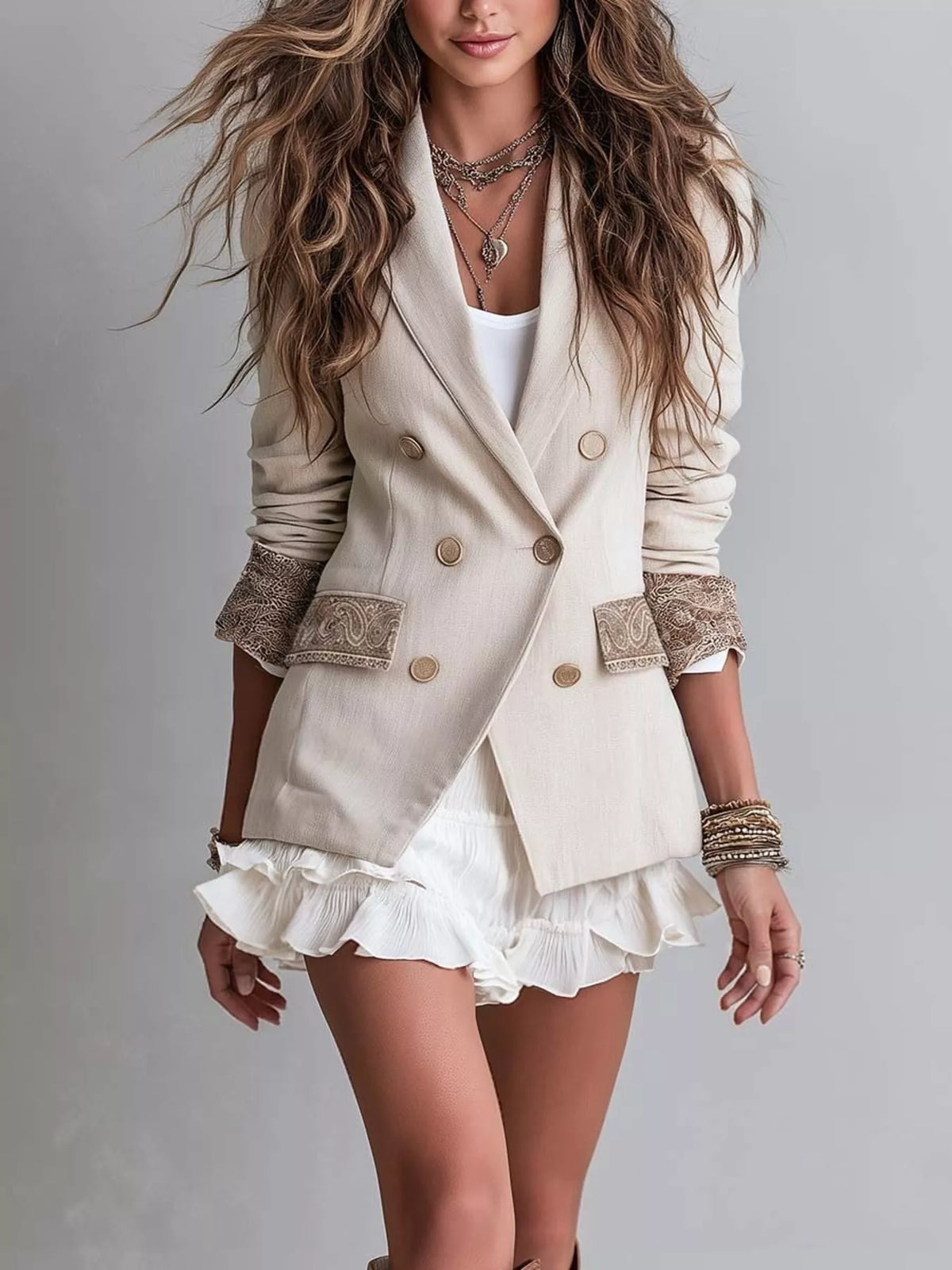 Double-Breasted Lapel Collar Blazer in beige, front view