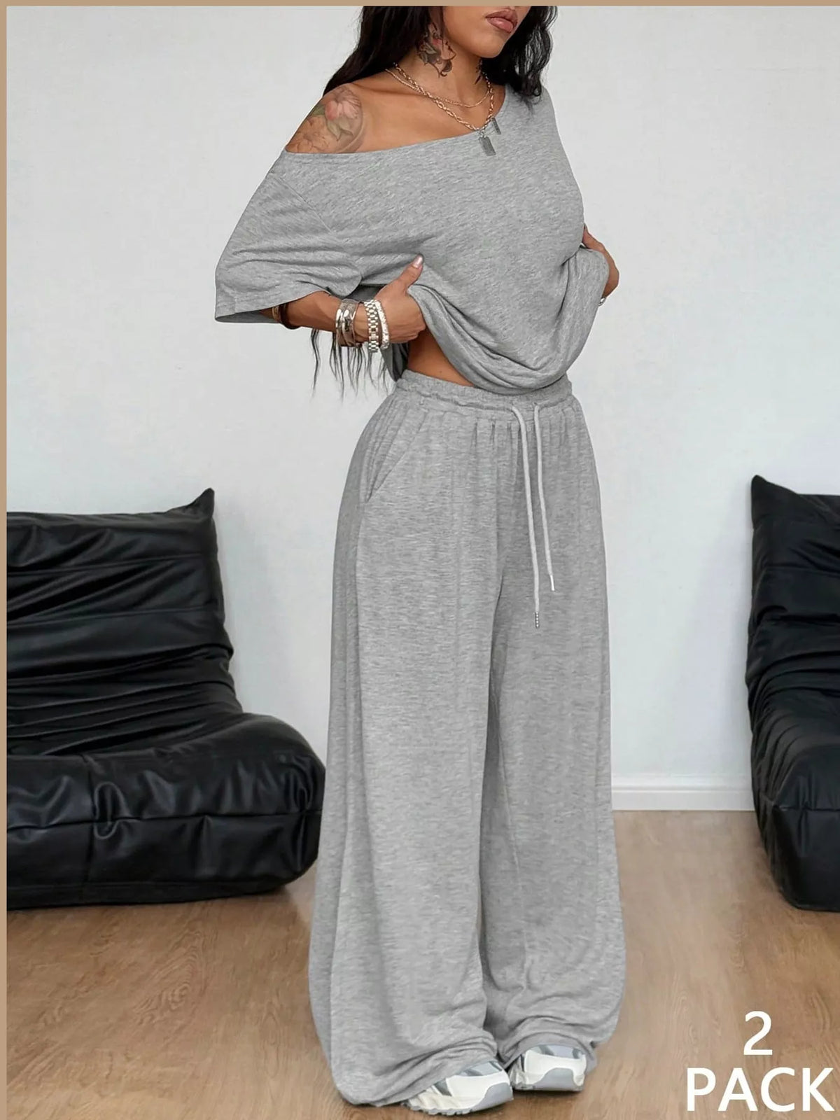 Gray boat neck top and wide-leg pants set — front view