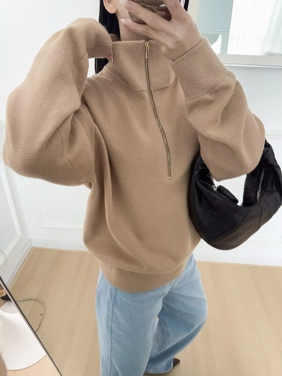 Women's Half-Zip Dropped Shoulder Sweater in beige — front view
