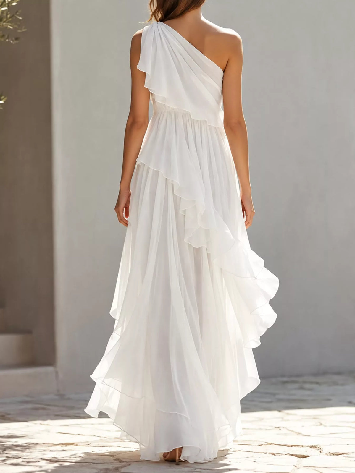 Women's One-Shoulder Ruffled Chiffon Maxi Dress in white — back view