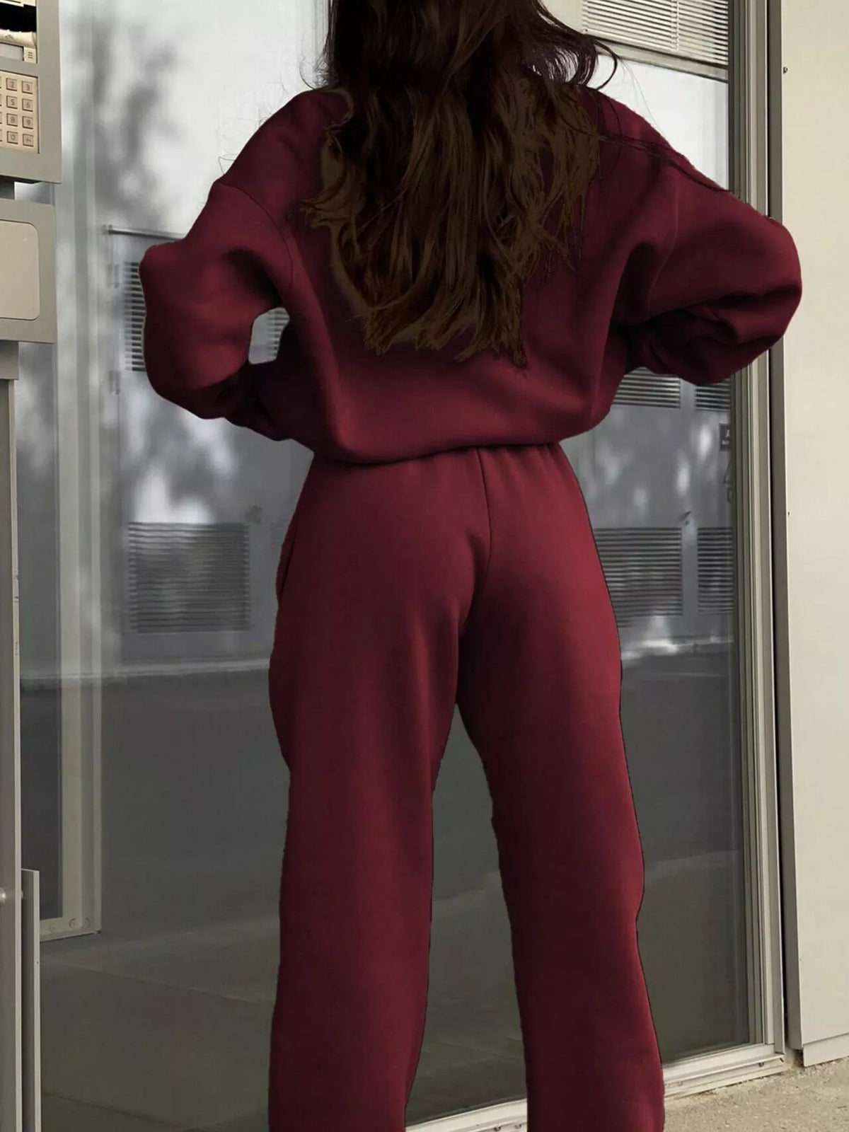 Half-zip top and pants set, burgundy back