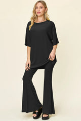 Trendsi Double Take Full Size Round Neck Drop Shoulder T-Shirt and Flare Pants Set - Pants