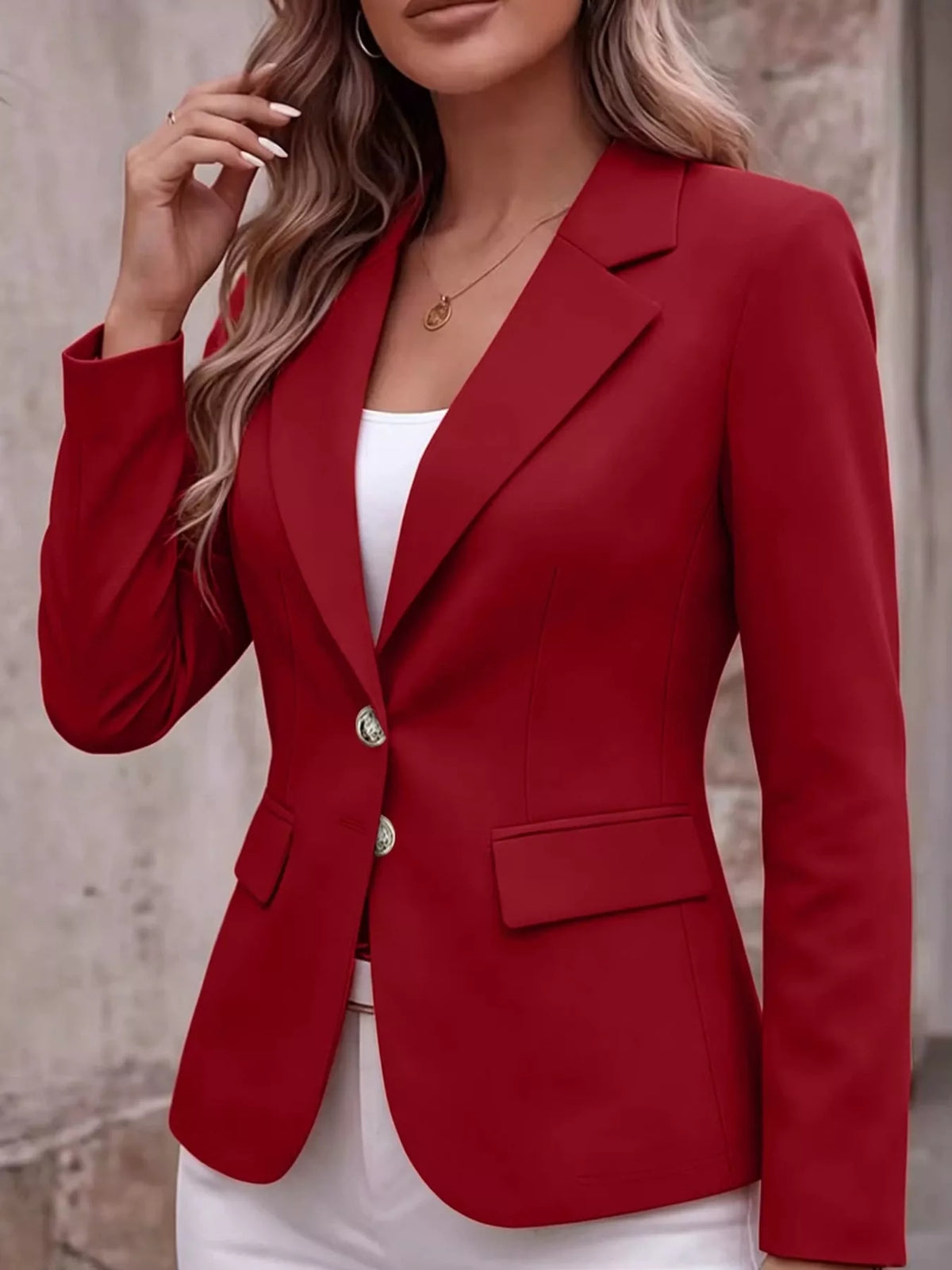 Collared long sleeve blazer, front view on model