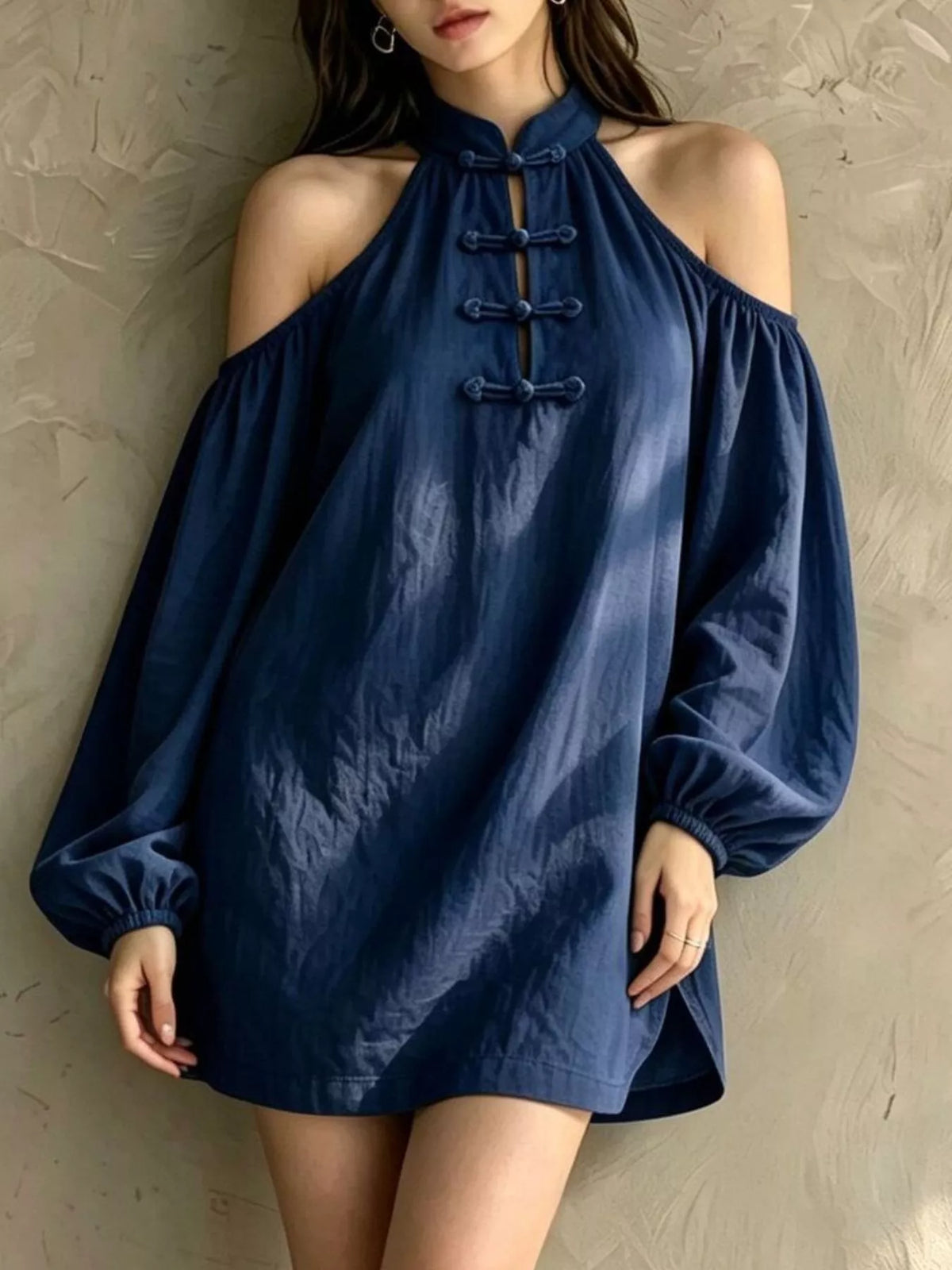 Trendsi Cold-Shoulder Balloon Sleeve Mini Dress -