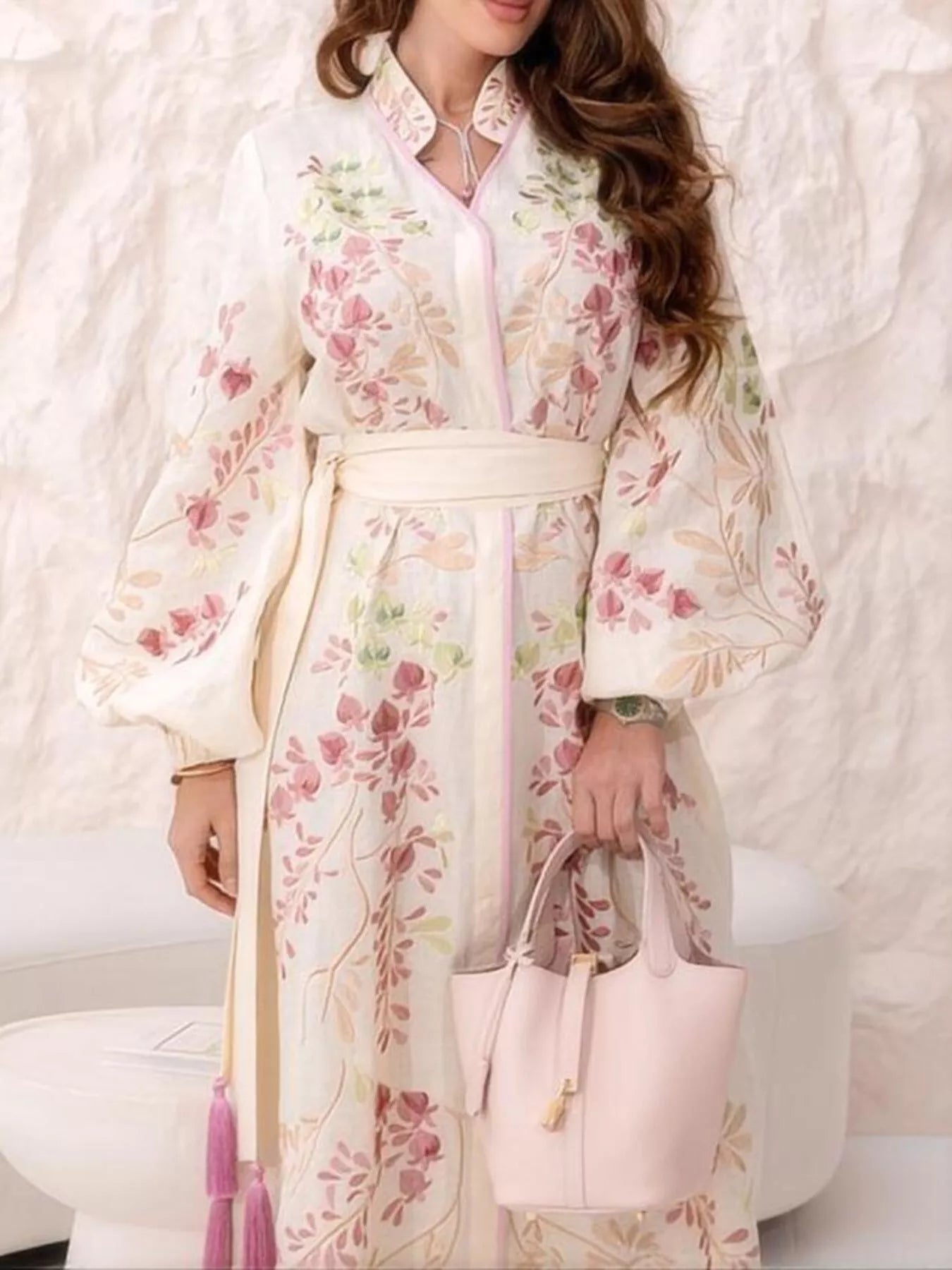 Trendsi Floral Tie Waist Long-Sleeve Maxi Dress -