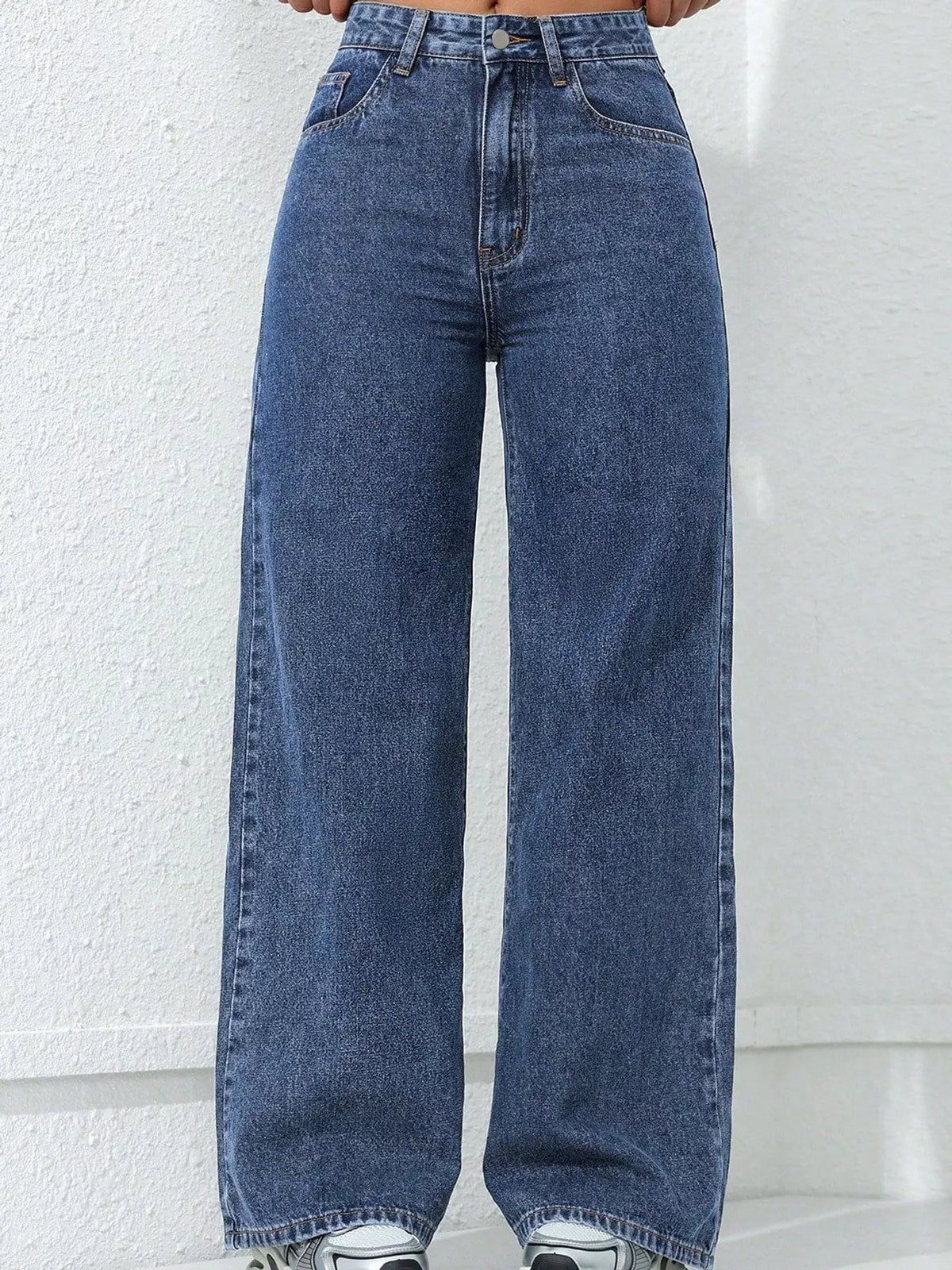 Blue high waisted wide leg jeans, front view