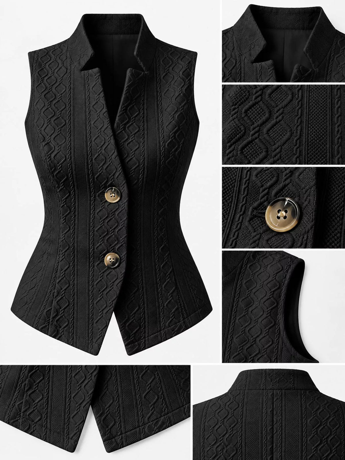 Textured Button-Down Vest in black, construction detail