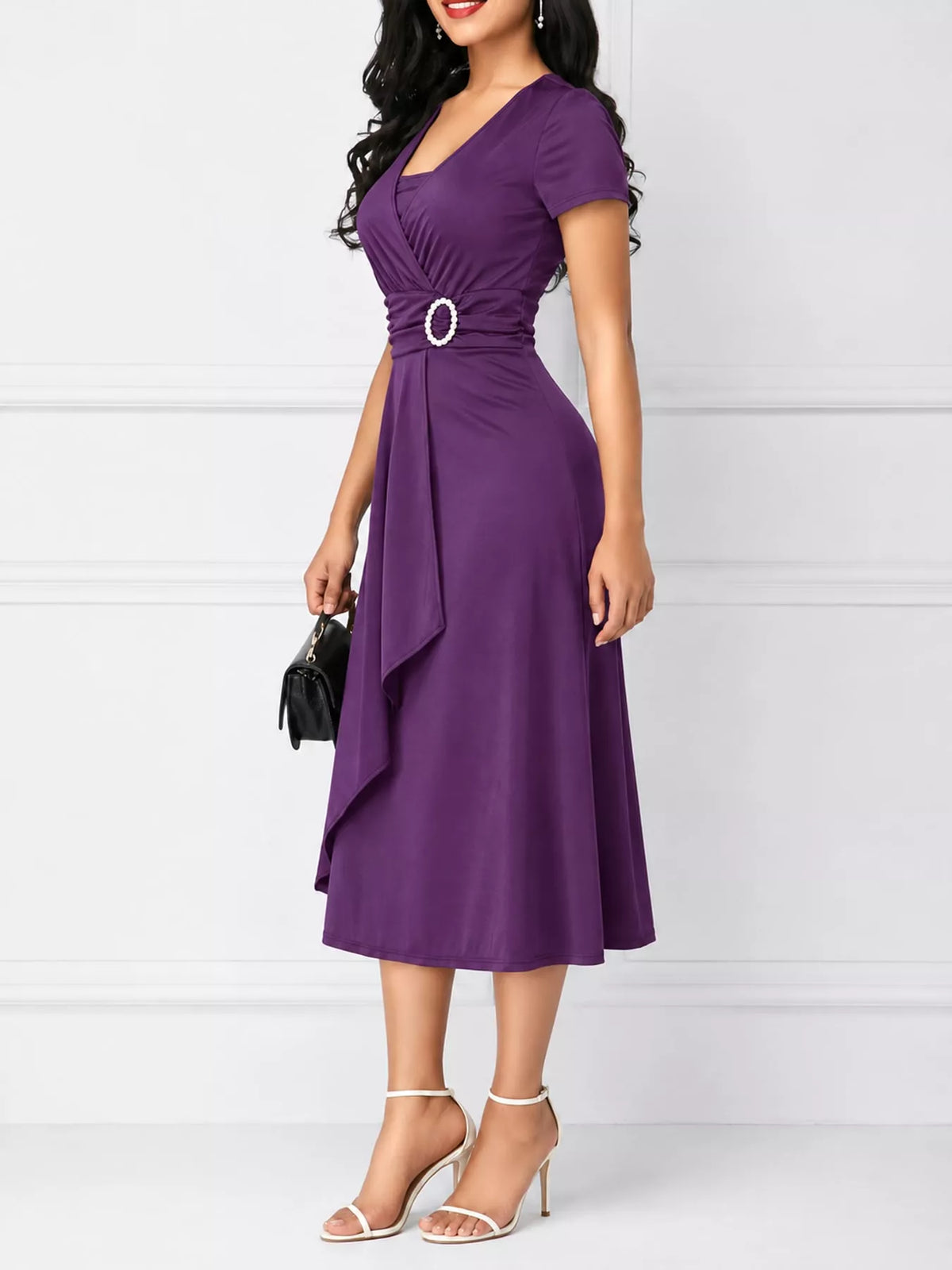 Decorative Buckle Short Sleeve Dress — side view