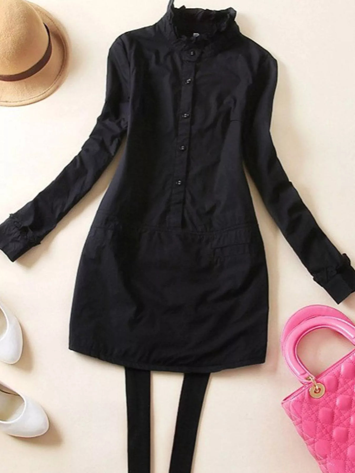 Ruffle-Neck Longline Blouse with Elastic Waist in black