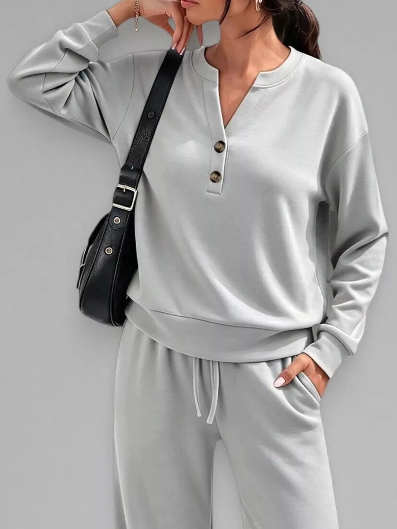 Button-detail dropped-shoulder top and pants set
