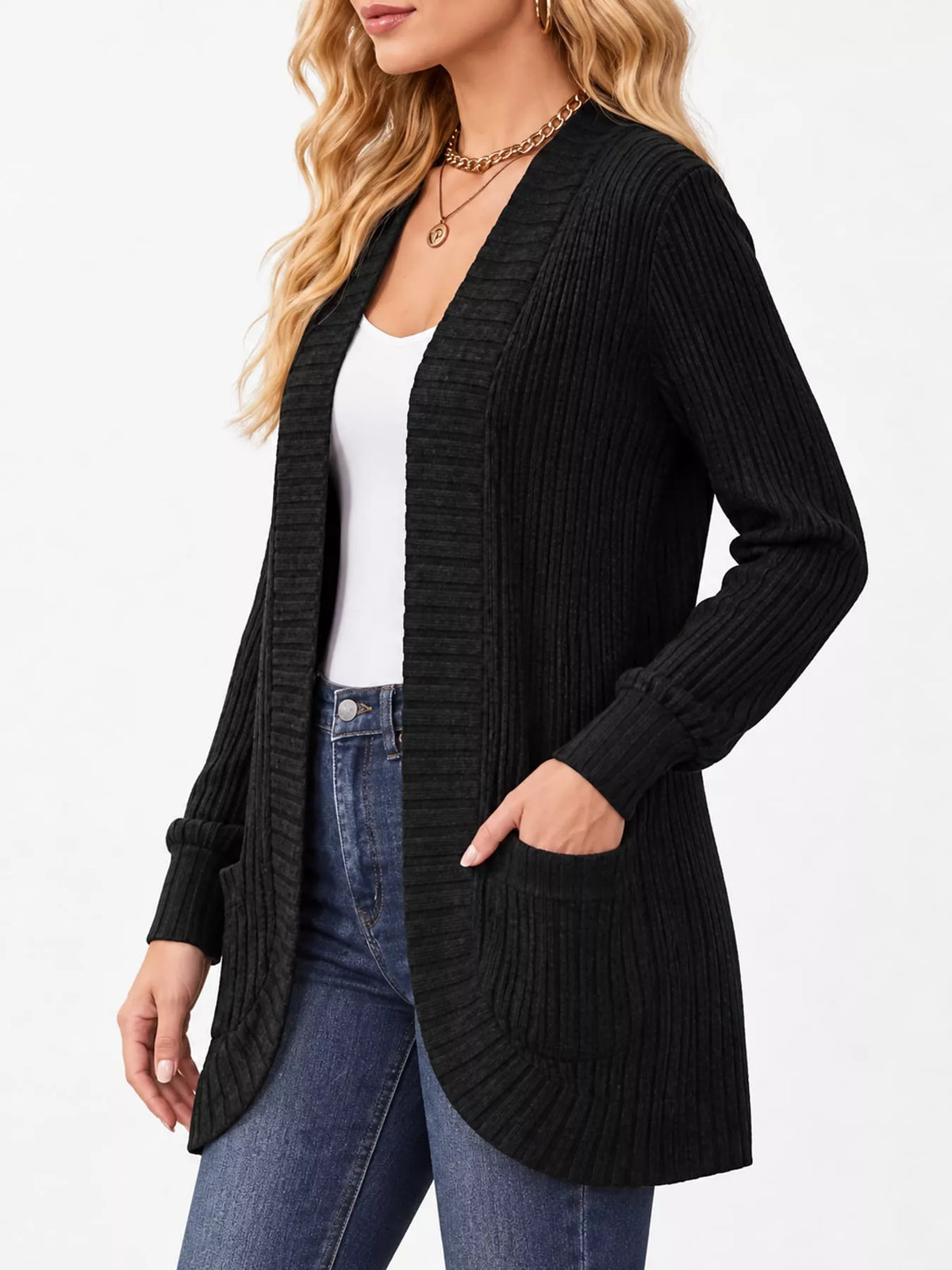 Black ribbed open-front longline cardigan