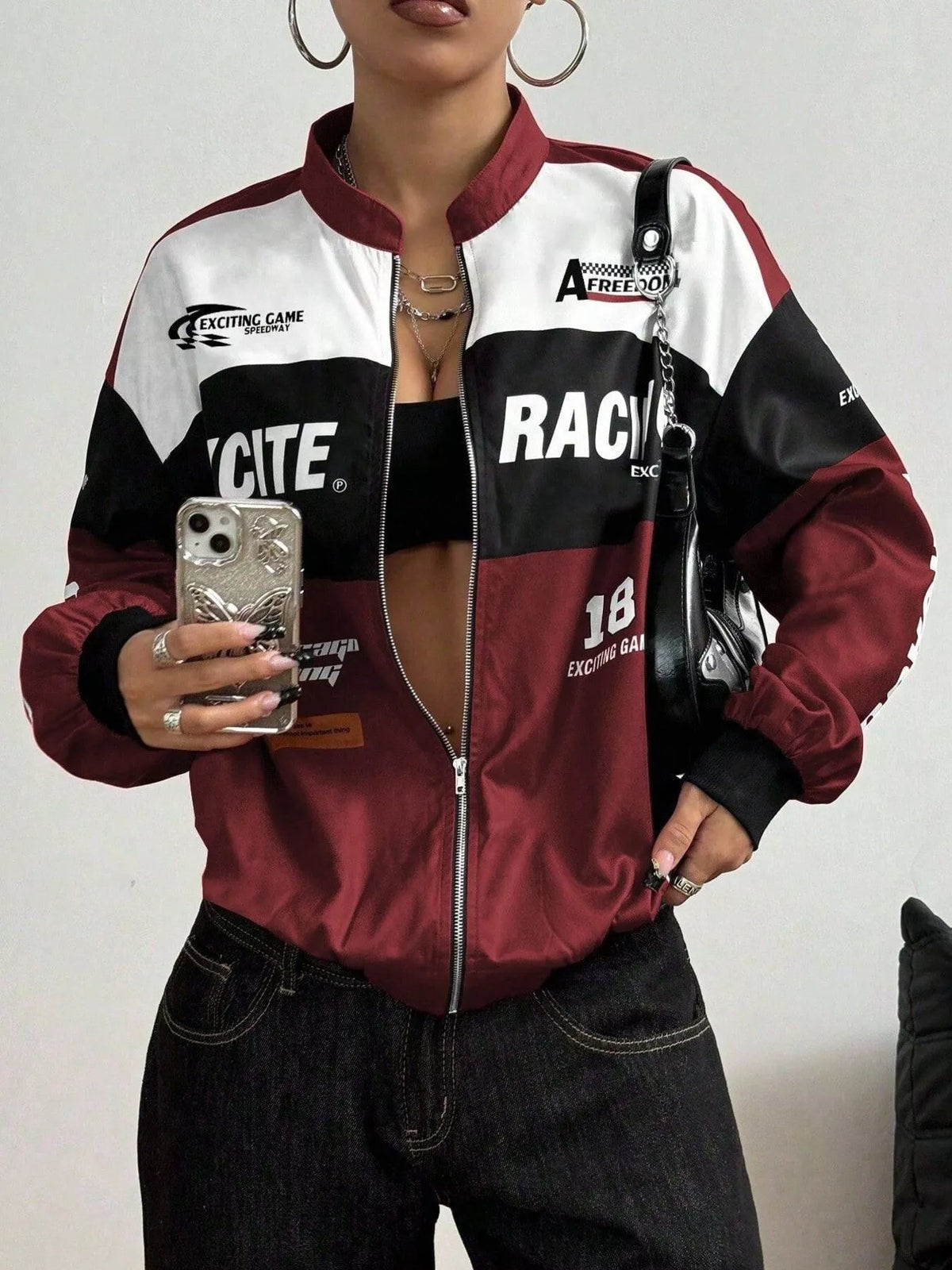 Burgundy and white letter-print zip-front jacket, open front mirror view