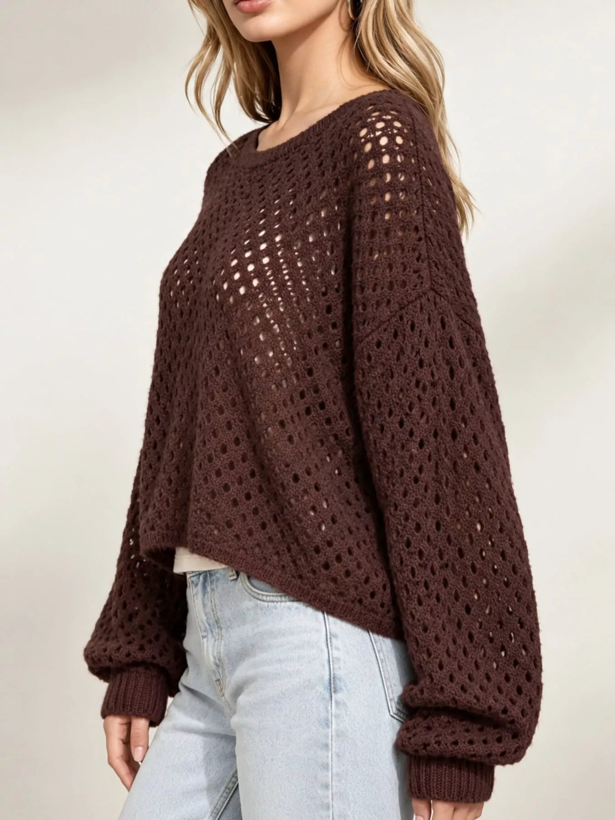 Brown openwork boat neck knit cover-up, side view