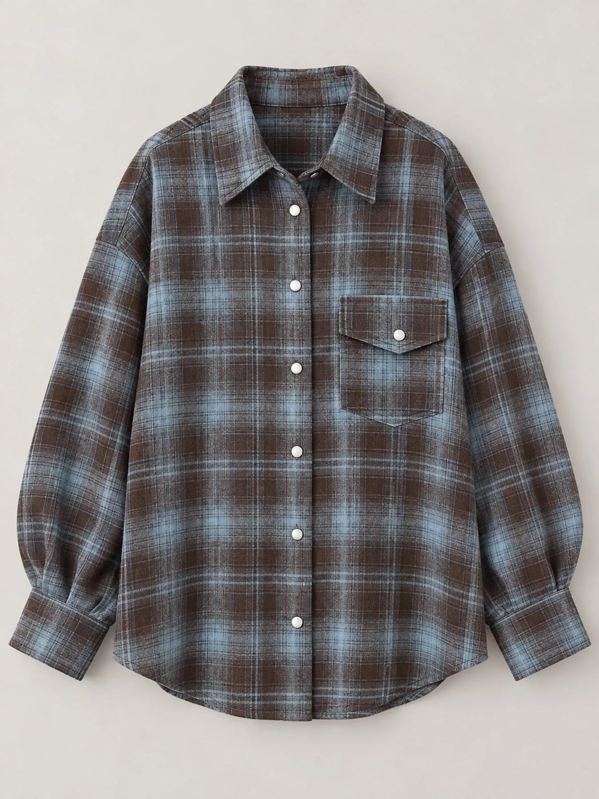 Blue and brown plaid button-up shirt with chest pockets