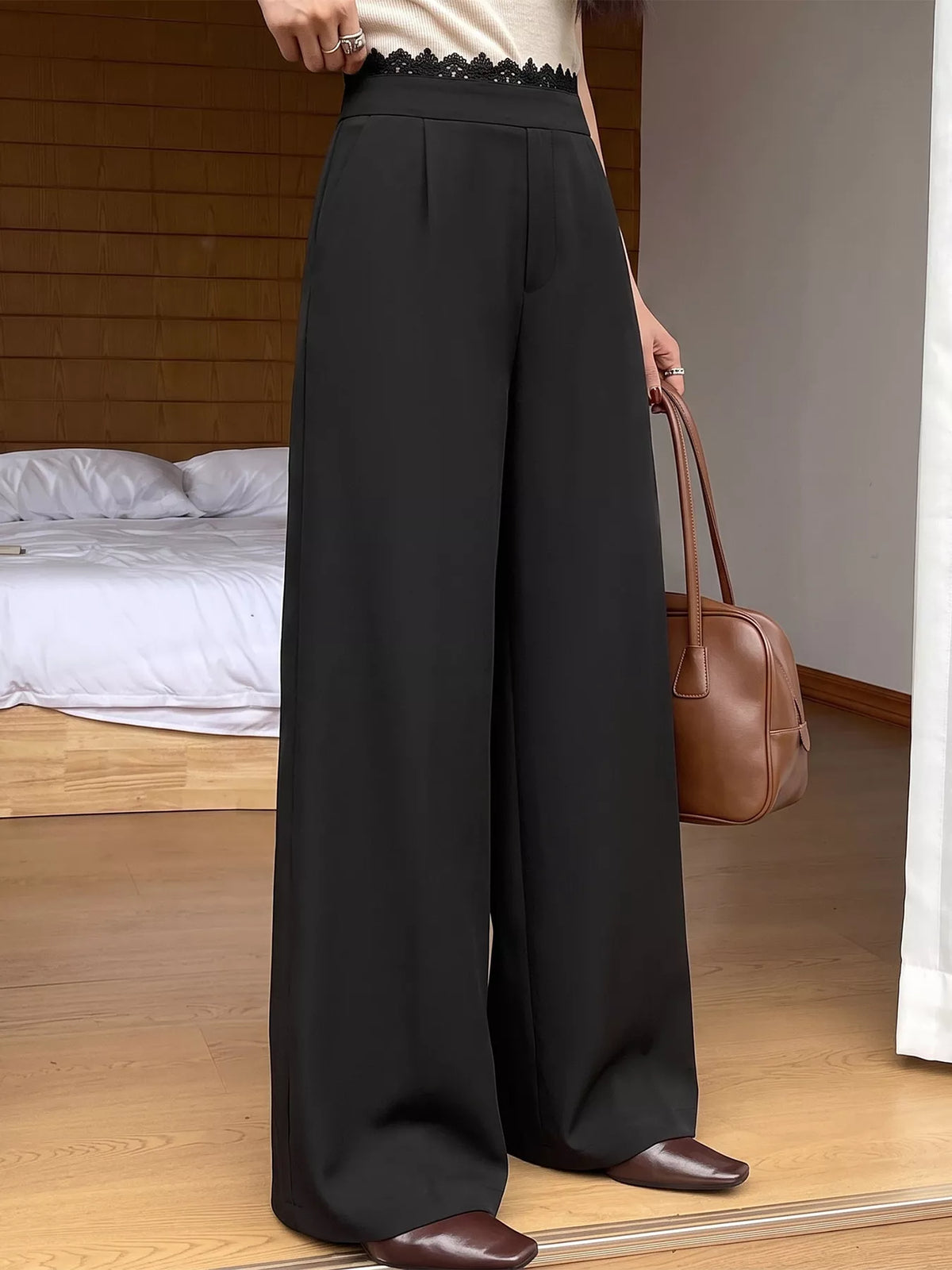 Trendsi High-Waisted Wide-Leg Lace-Trimmed Pants -
