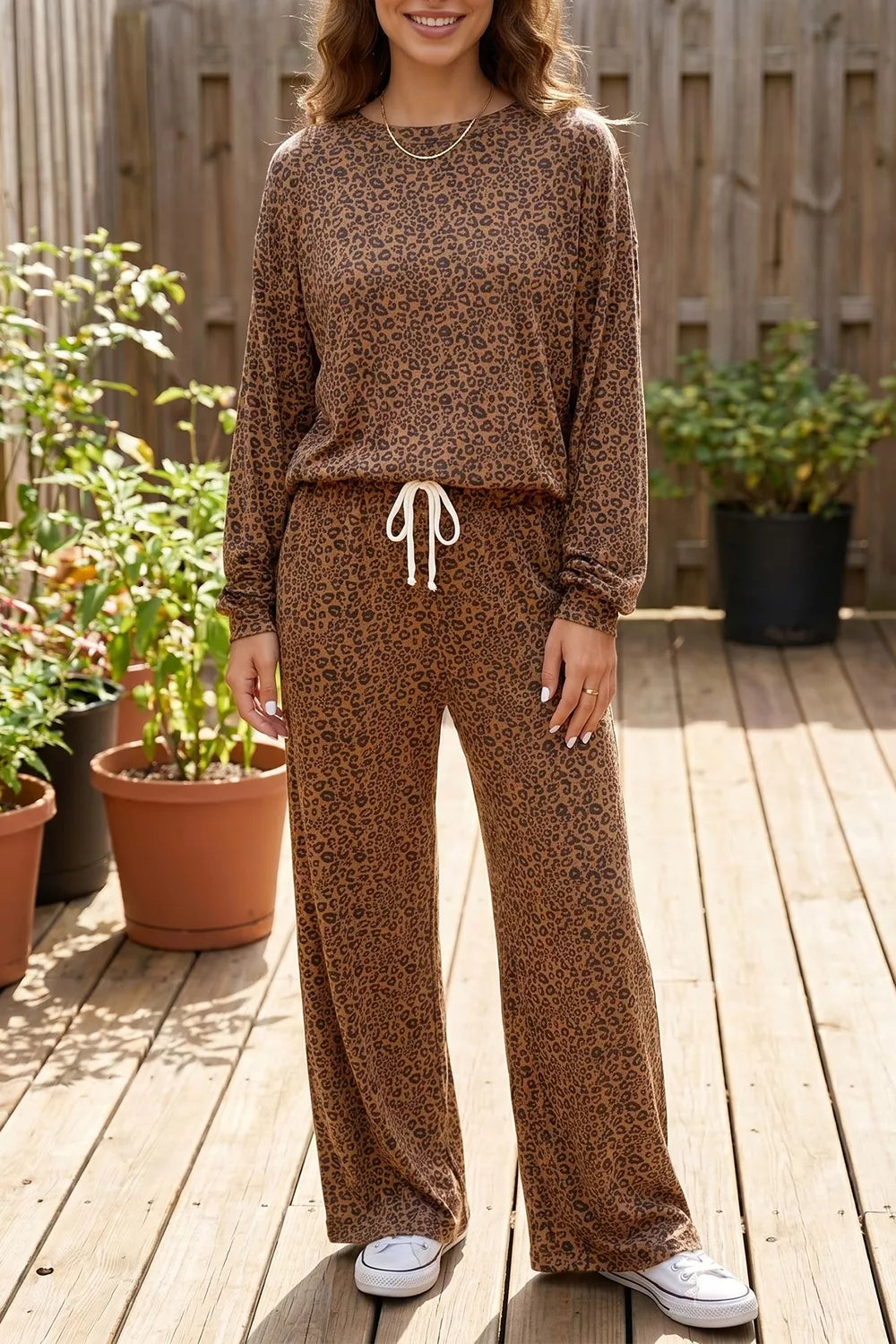 Trendsi Leopard Print Long Sleeve Top Relaxed Pant Set -