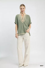Trendsi Umgee Linen Contrast Trim V-Neck Blouse -