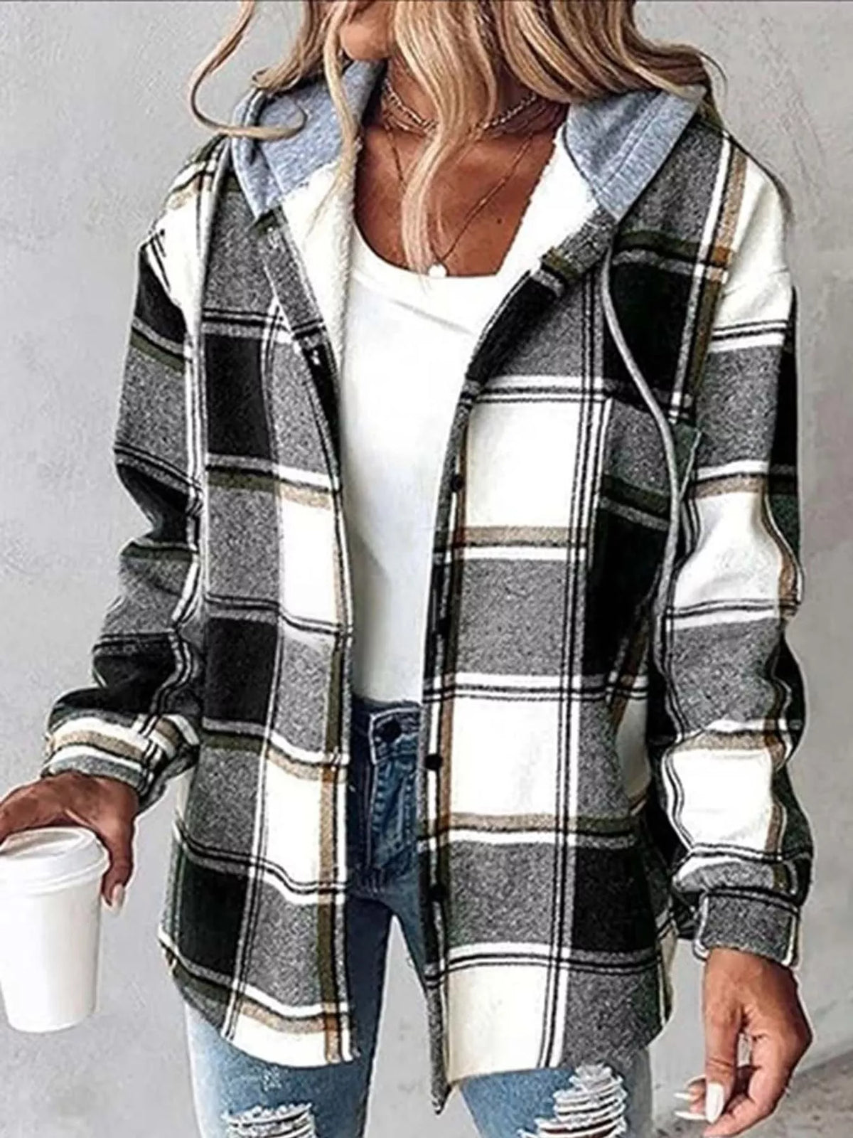 Button-Down Printed Contrast Hooded Shacket — front view