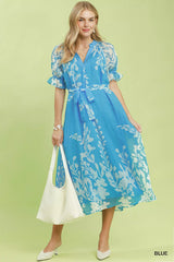 Trendsi Umgee Floral Print Tie Waist Midi Dress with Side Pockets -