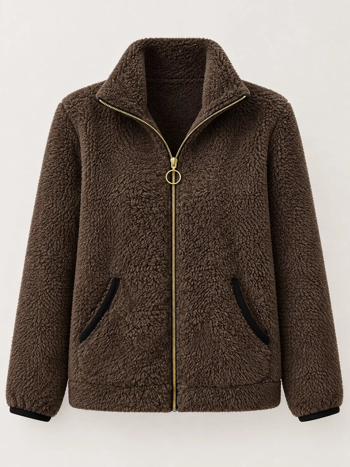 Contrast-trim fleece jacket, brown hanging front